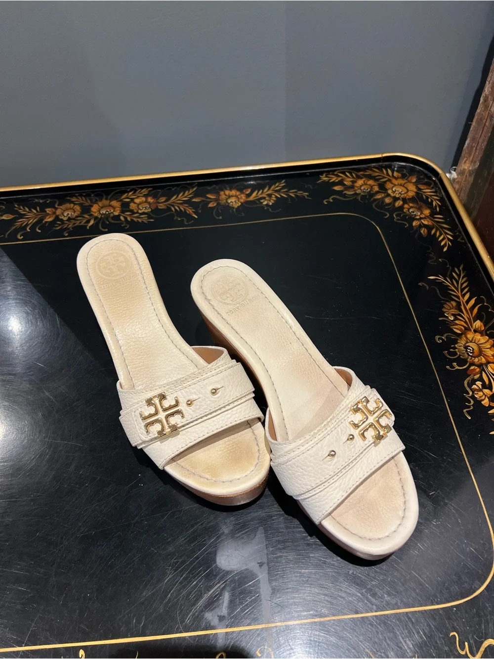 Tory Burch Ivory Leather Logo Slide Mules with Gold Hardware